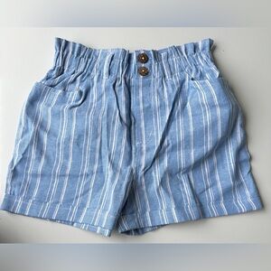 NWT SO Blue White Striped High Waisted Linen Blend Paperbag Shorts Juniors Small